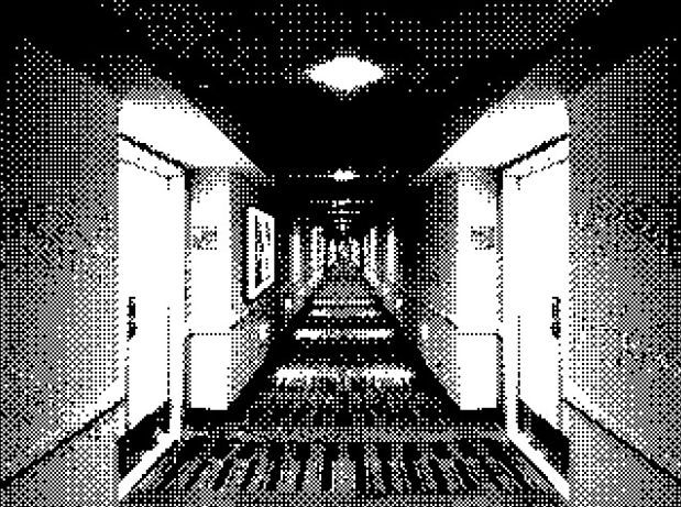 A long corridor of doors receding into a vanishing point