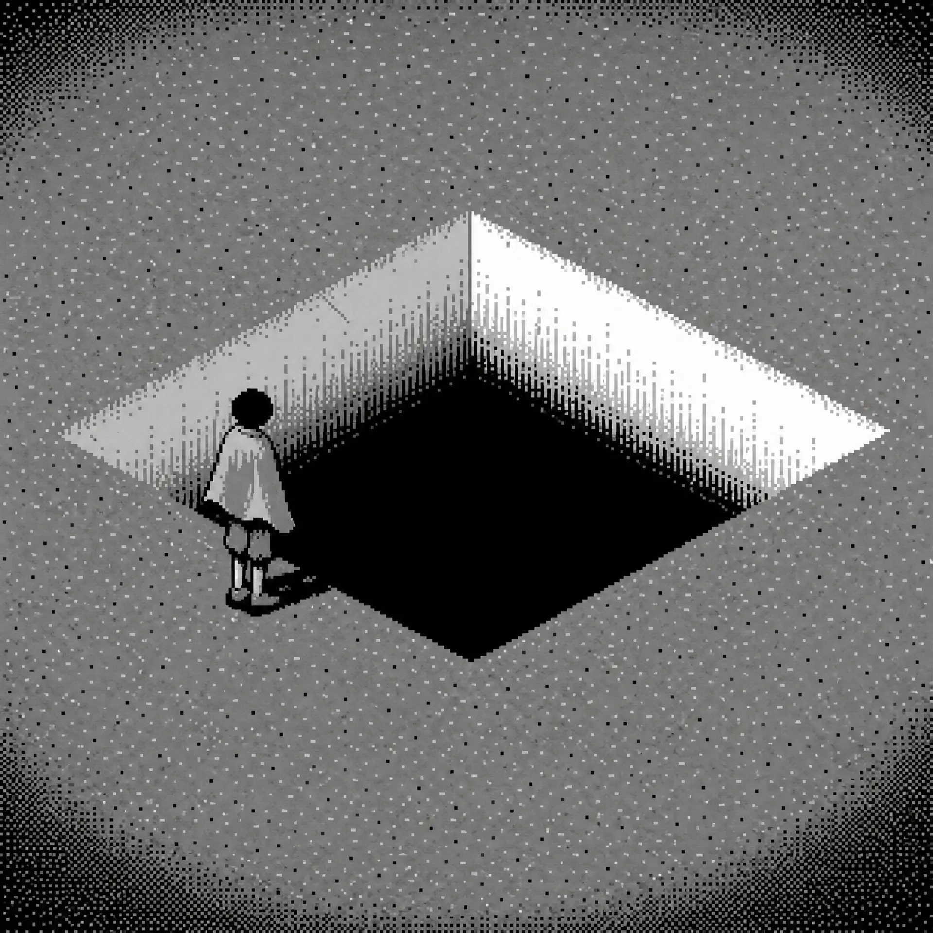 A dark opening in the ground, edges dithered and unstable