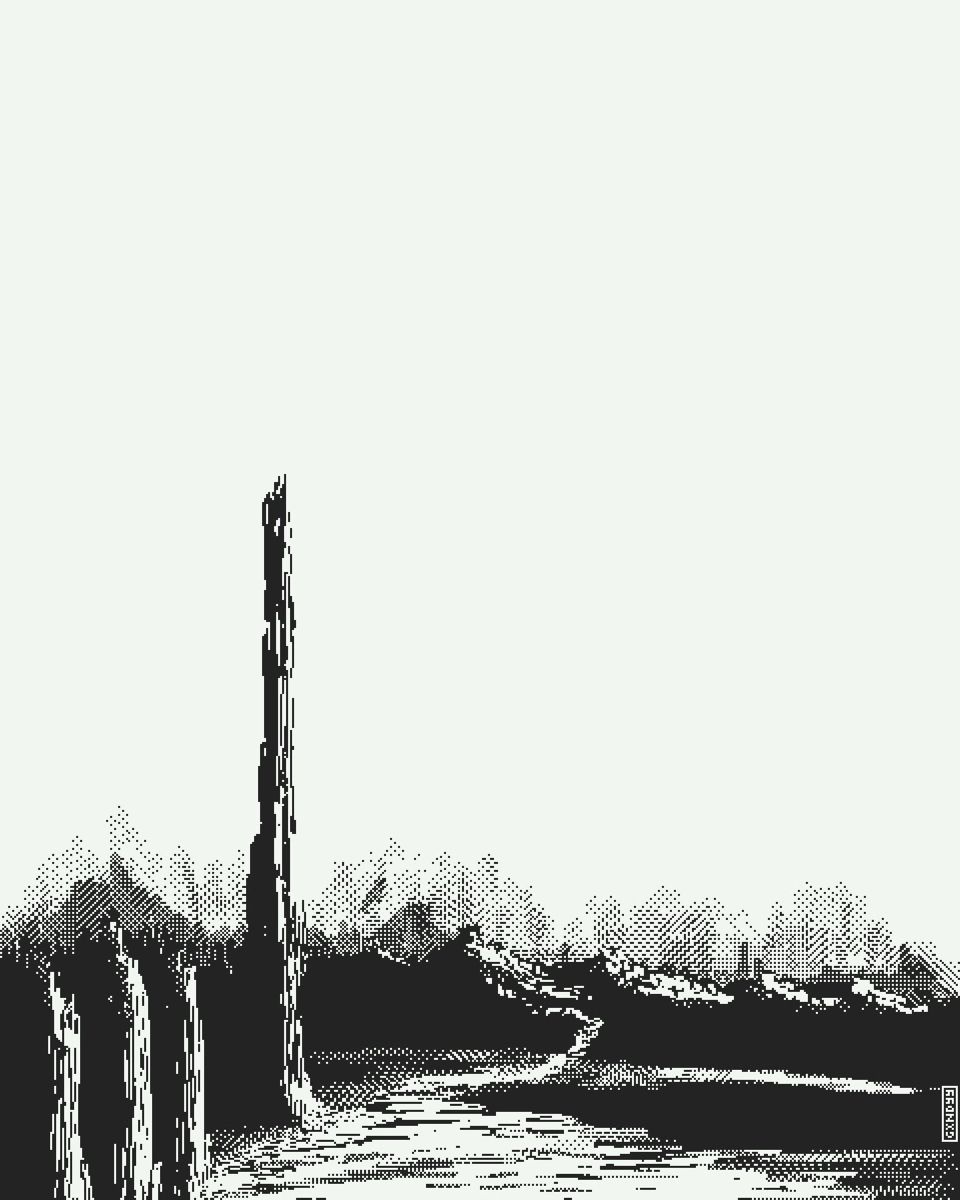 A dithered spire rising above a treeline, geometry folding at the horizon